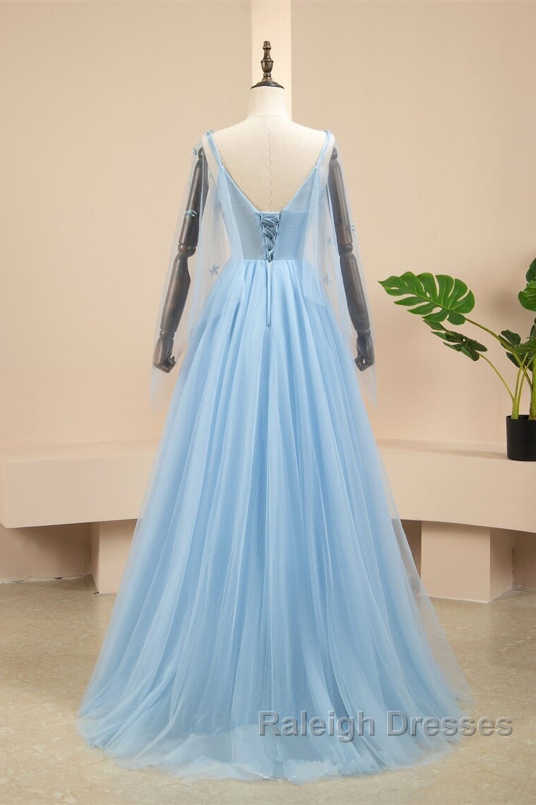 Pretty Light Blue A-Line Puffy Sleeves Party Dress, Light Blue Evening Dress Prom Dress
