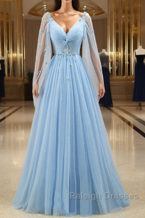 Pretty Light Blue A-Line Puffy Sleeves Party Dress, Light Blue Evening Dress Prom Dress Main image