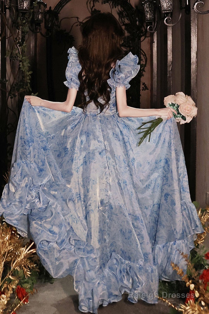 Pretty Light Blue Floral Short Sleeves Long Prom Dresses Light Blue Prom Dresses