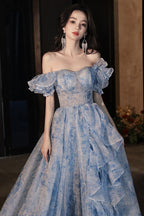 Pretty Light Blue Floral Short Sleeves Long Prom Dresses Light Blue Prom Dresses