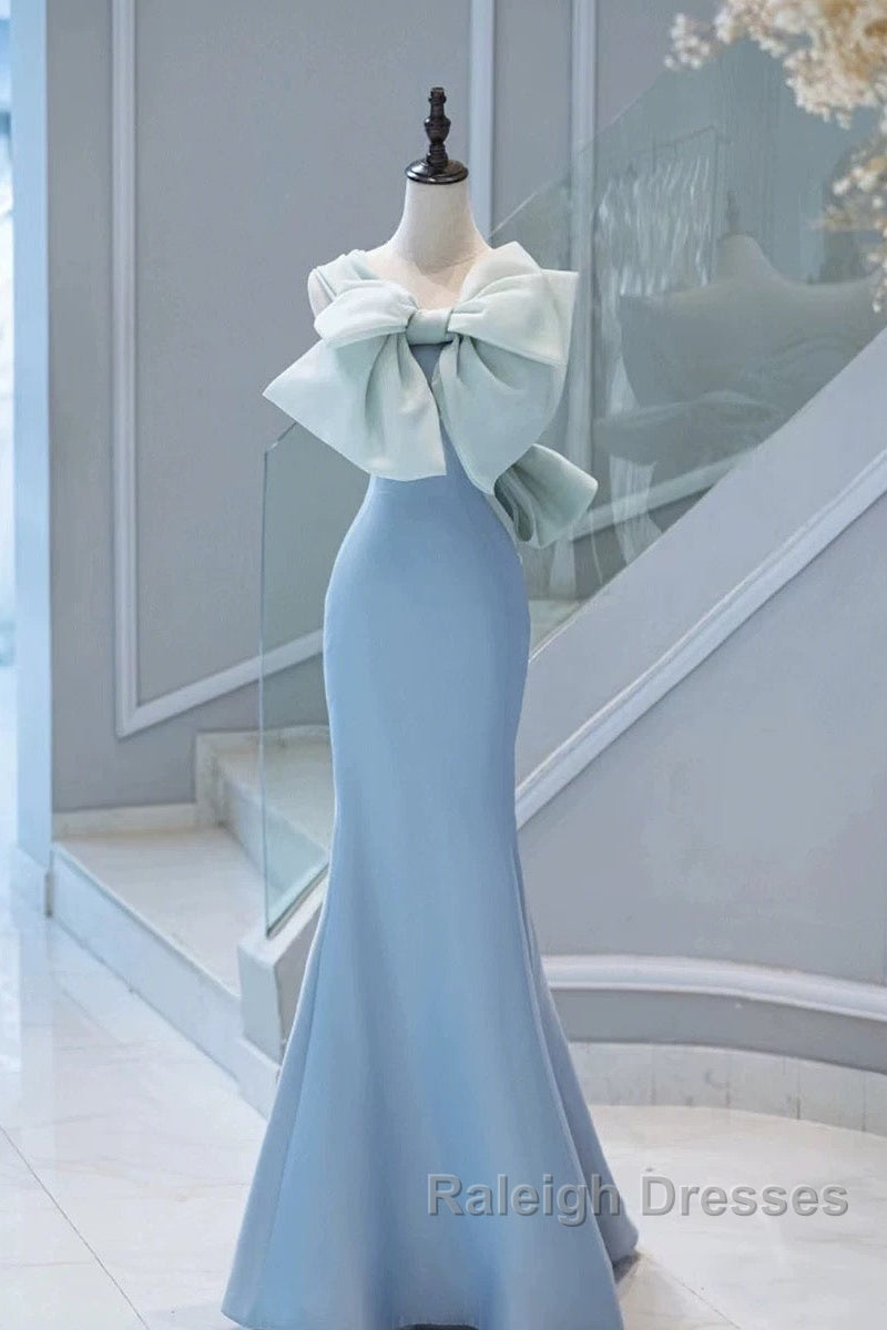 Pretty Mermaid Blue Satin Long Prom Dresses