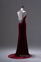 Pretty Mermaid Burgundy Velvet Long Backless Prom Dresses