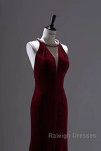 Pretty Mermaid Burgundy Velvet Long Backless Evening Dress Prom Dresses