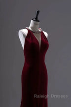 Pretty Mermaid Burgundy Velvet Long Backless Prom Dresses