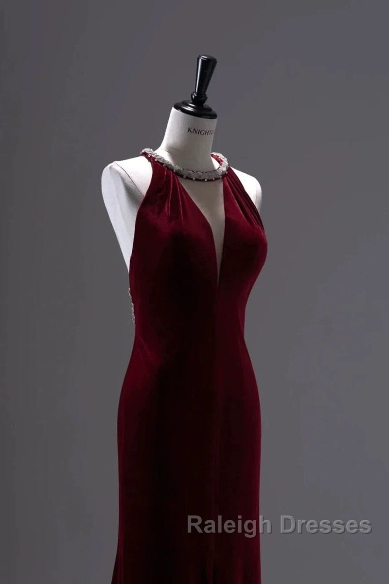 Pretty Mermaid Burgundy Velvet Long Backless Prom Dresses