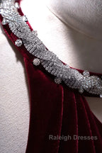 Pretty Mermaid Burgundy Velvet Long Backless Evening Dress Prom Dresses