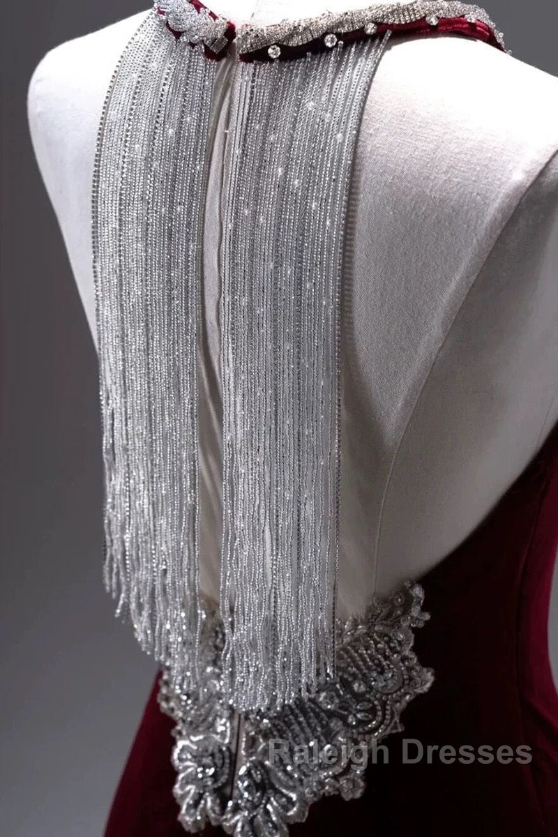 Pretty Mermaid Burgundy Velvet Long Backless Prom Dresses