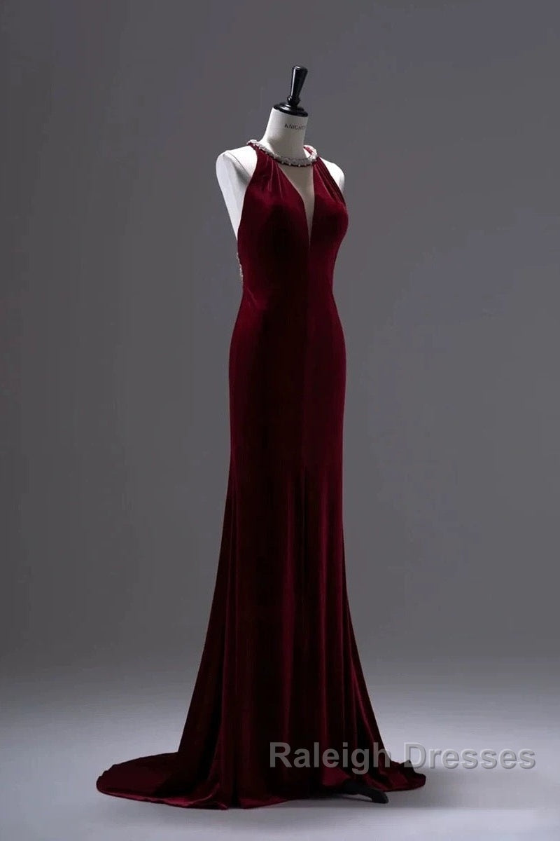 Pretty Mermaid Burgundy Velvet Long Backless Evening Dress Prom Dresses