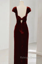 Pretty Mermaid Burgundy Velvet Slit Evening Dress Prom Dresses