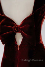 Pretty Mermaid Burgundy Velvet Slit Evening Dress Prom Dresses