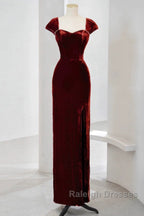 Pretty Mermaid Burgundy Velvet Slit Evening Dress Prom Dresses