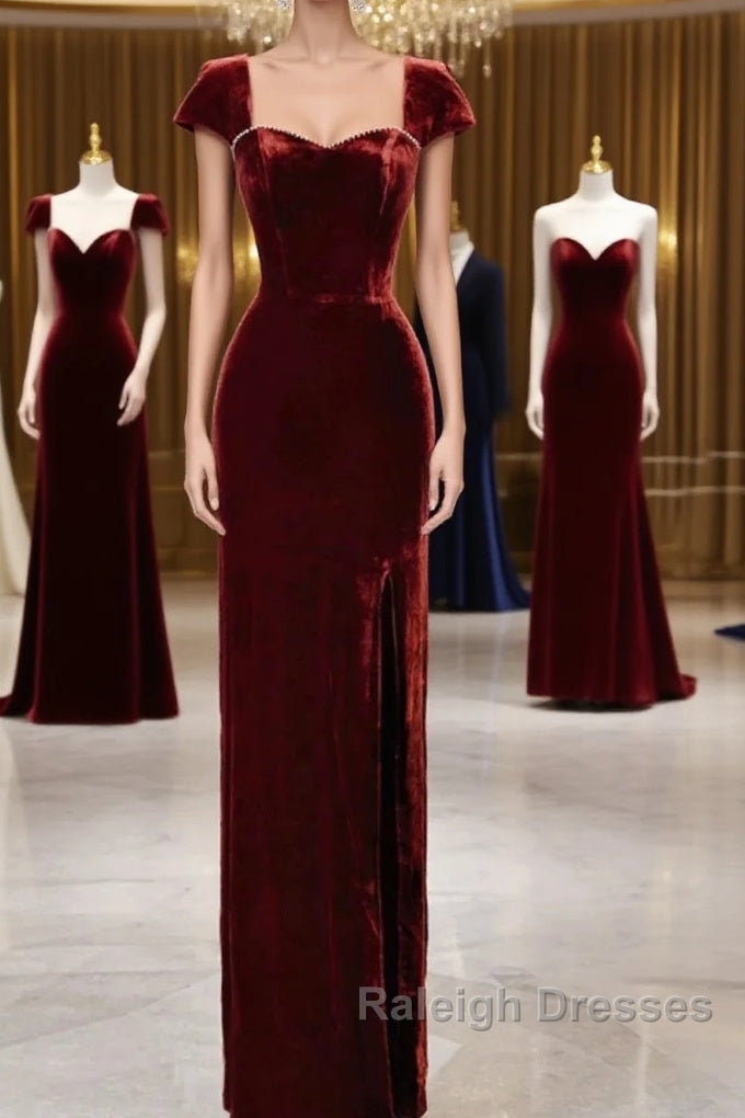 Pretty Mermaid Burgundy Velvet Slit Evening Dress Prom Dresses Main image