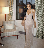 Pretty Mermaid Halter Neckline Long Sequin Champagne Prom Dress Prom Dresses