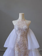 Pretty Mermaid High Neckline Sequin Beads Prom Dress Long Prom Dresses