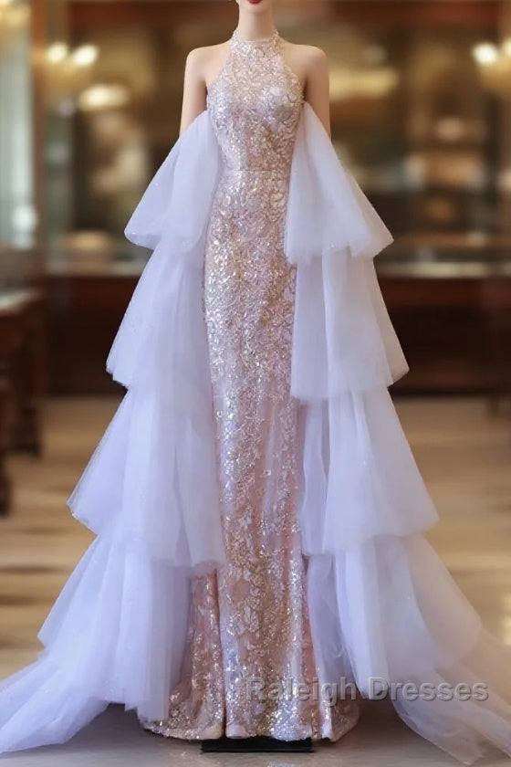 Pretty Mermaid High Neckline Sequin Beads Long Prom Dresses Formal Evening Dress Main image