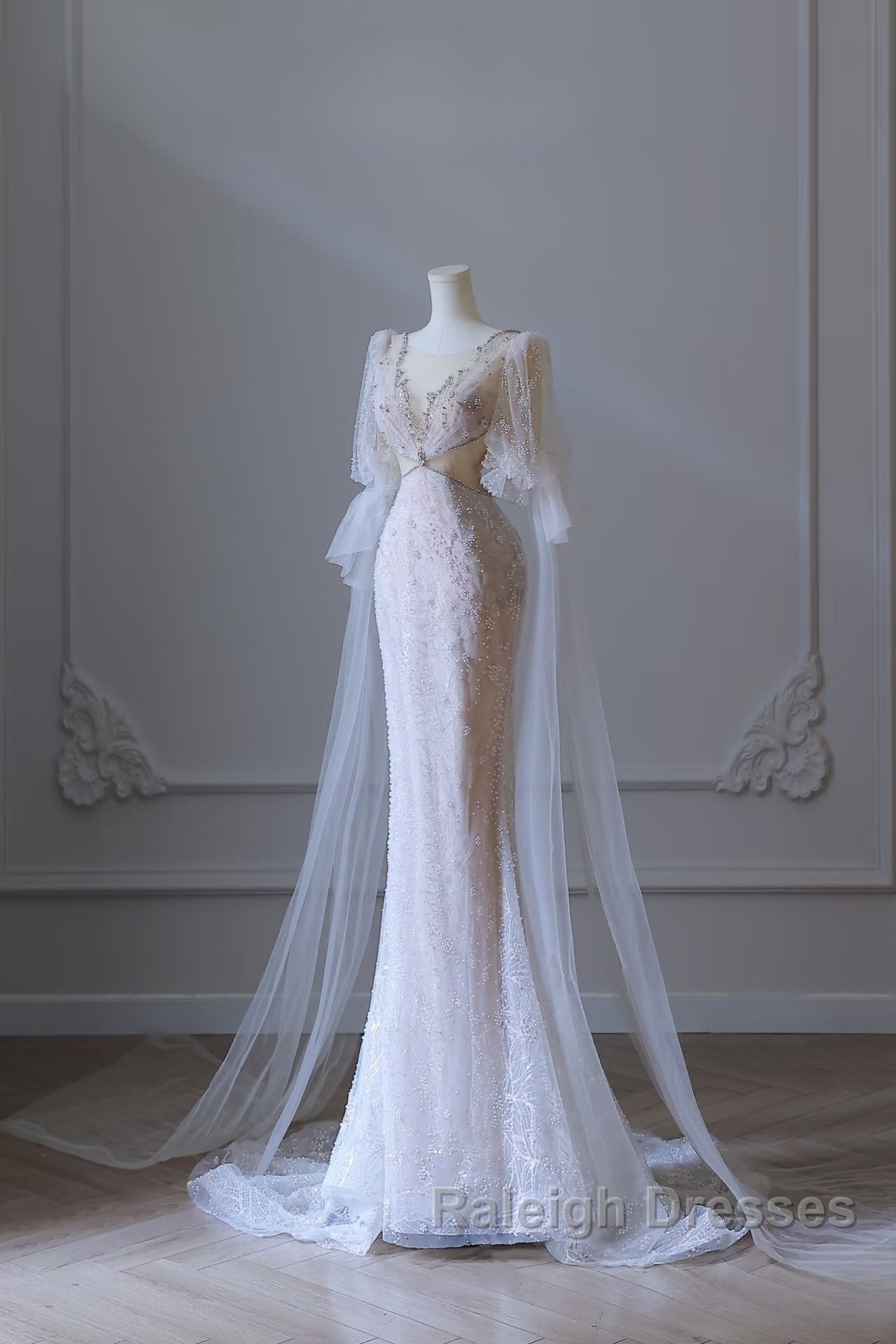 Pretty Mermaid Long Sleeves Pink Prom Dresses Evening Gowns Secondary image