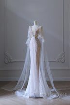 Pretty Mermaid Long Sleeves Pink Prom Dresses Evening Gowns