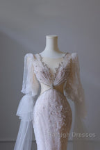 Pretty Mermaid Long Sleeves Pink Prom Dresses Evening Gowns