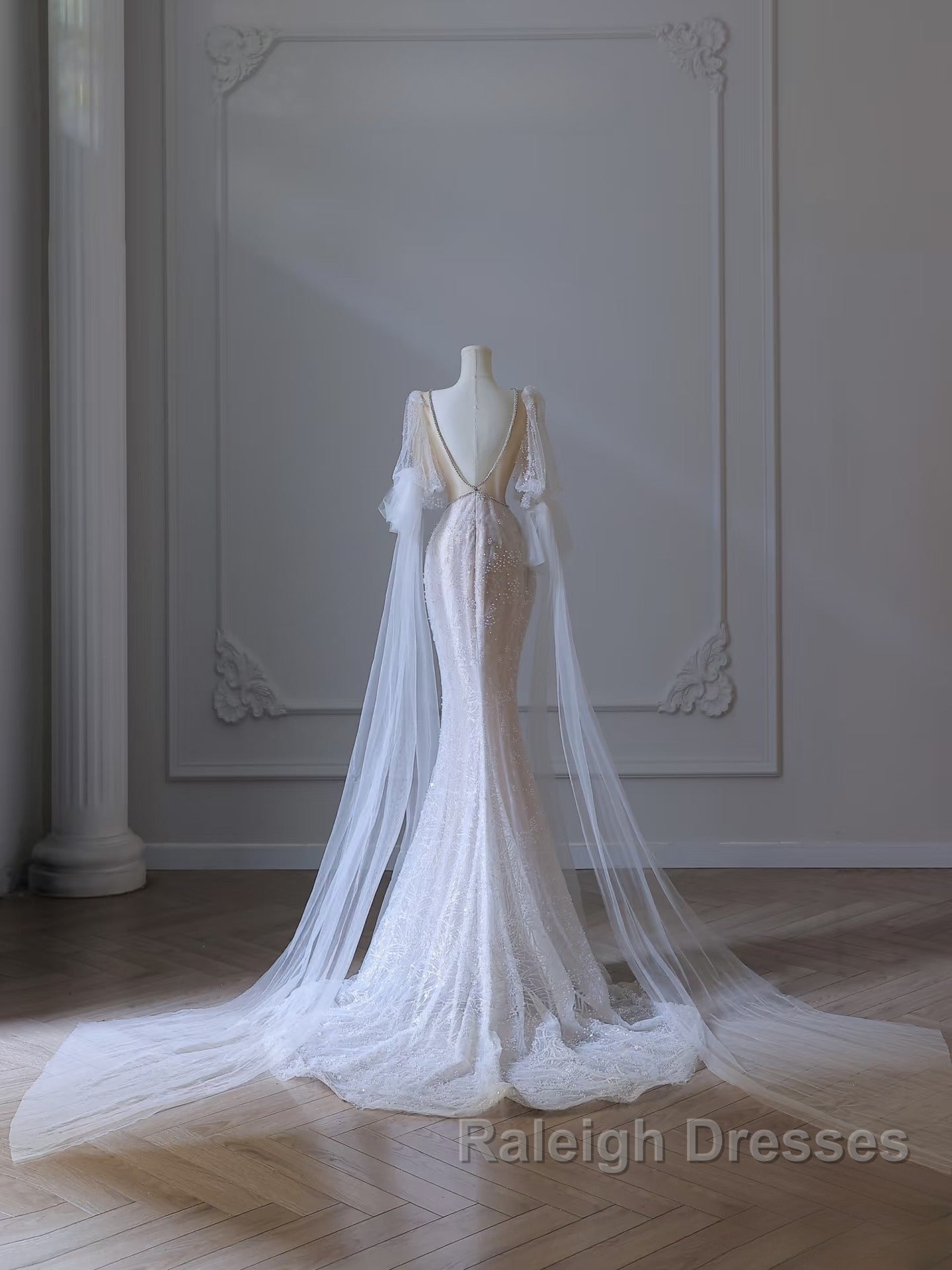 Pretty Mermaid Long Sleeves Pink Prom Dress Prom Gowns