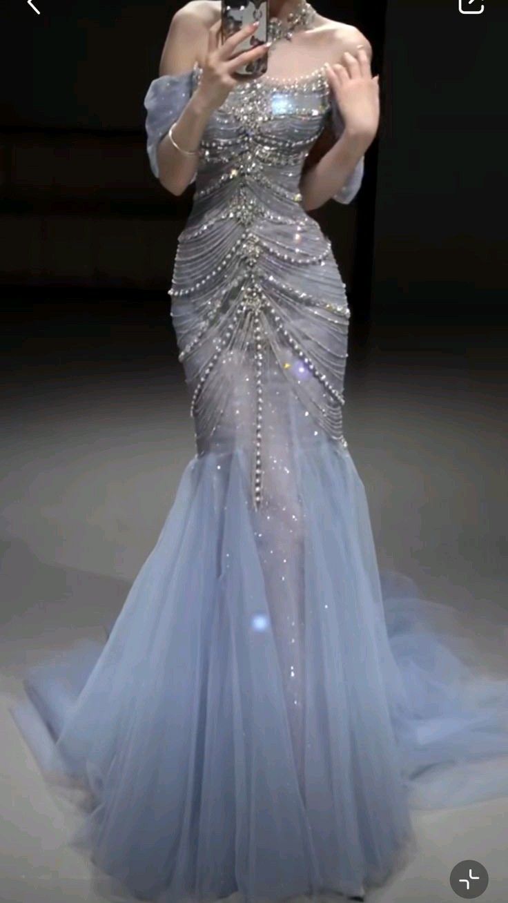 Pretty Mermaid Off The Shoulder Blue Tulle Silver Beads Prom Dress Long Prom Dresses