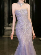 Pretty Mermaid Off The Shoulder Blue Tulle Silver Beads Prom Dress Long Prom Dresses