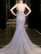 Pretty Mermaid Off The Shoulder Blue Tulle Silver Beads Prom Dress Long Prom Dresses
