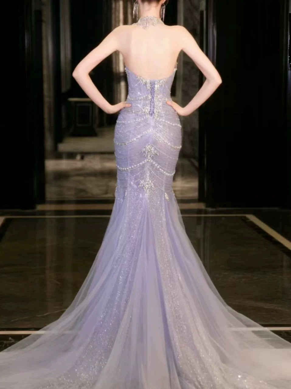 Pretty Mermaid Off The Shoulder Blue Tulle Silver Beads Prom Dress Long Prom Dresses