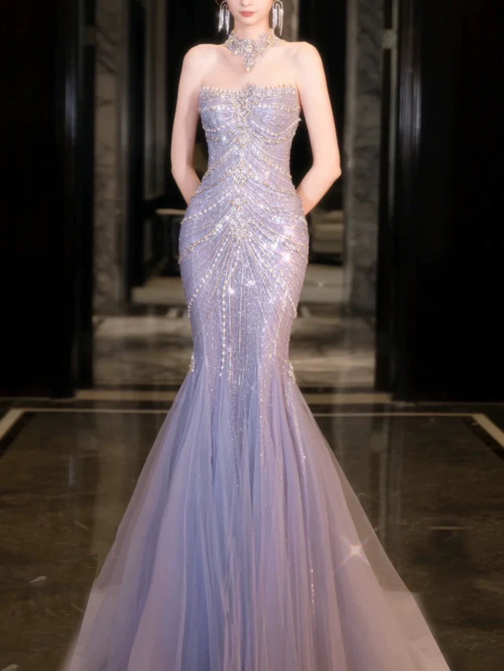 Pretty Mermaid Off The Shoulder Blue Tulle Silver Beads Prom Dress Long Prom Dresses