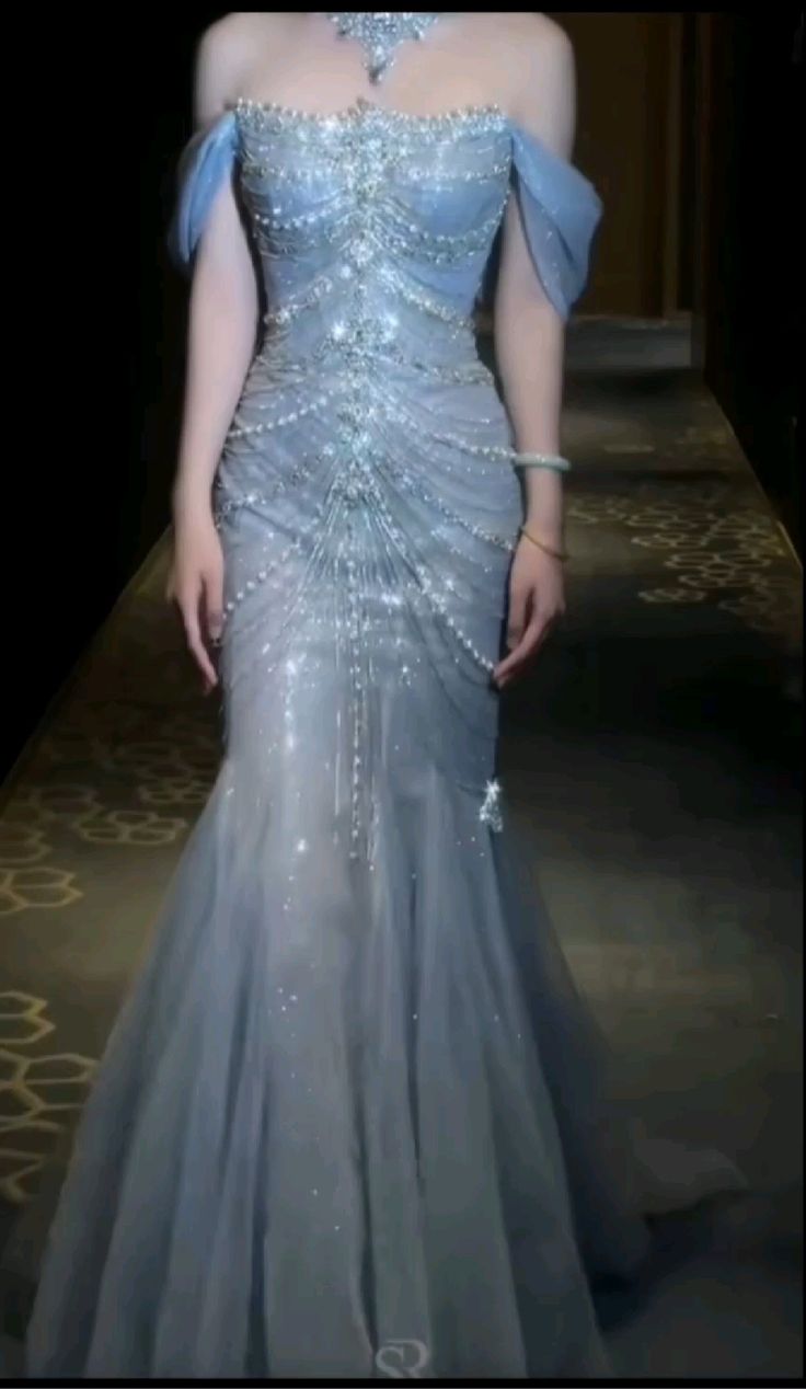 Pretty Mermaid Off The Shoulder Blue Tulle Silver Beads Prom Dress Long Prom Dresses
