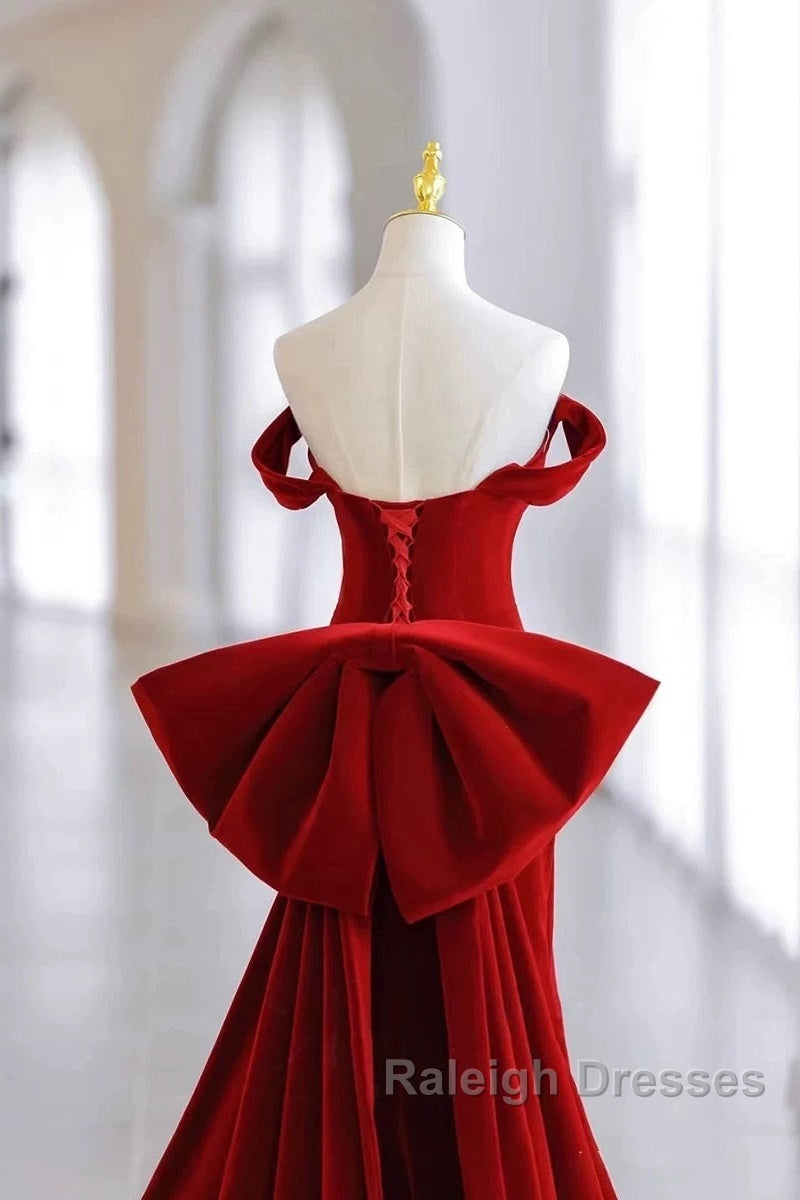 Pretty Mermaid Off The Shoulder Burgundy Satin Long Evening Dress Prom Dresses