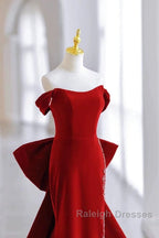 Pretty Mermaid Off The Shoulder Burgundy Satin Long Evening Dress Prom Dresses