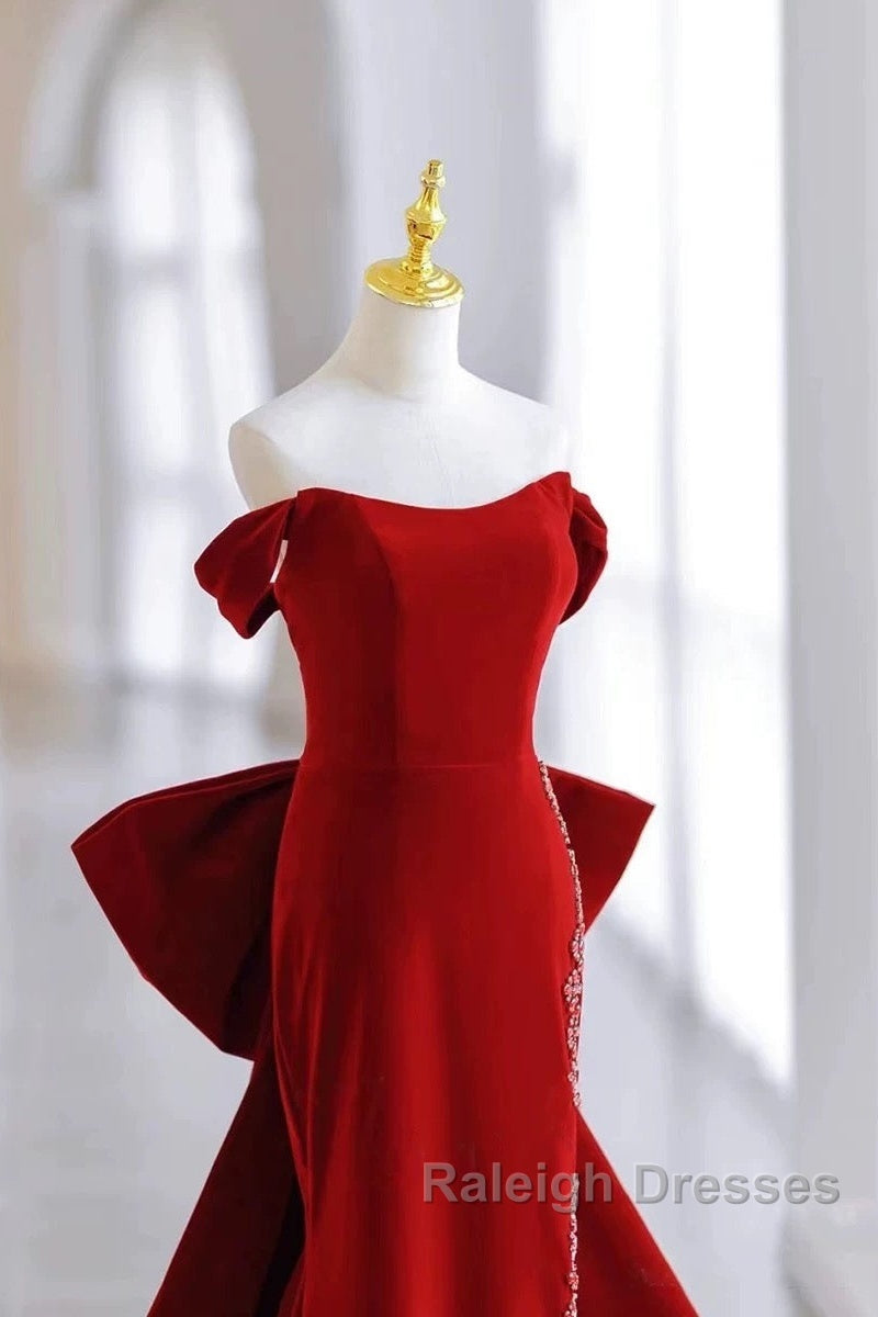 Pretty Mermaid Off The Shoulder Burgundy Satin Long Evening Dress Prom Dresses