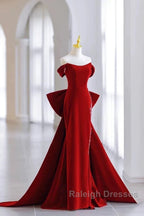 Pretty Mermaid Off The Shoulder Burgundy Satin Long Evening Dress Prom Dresses