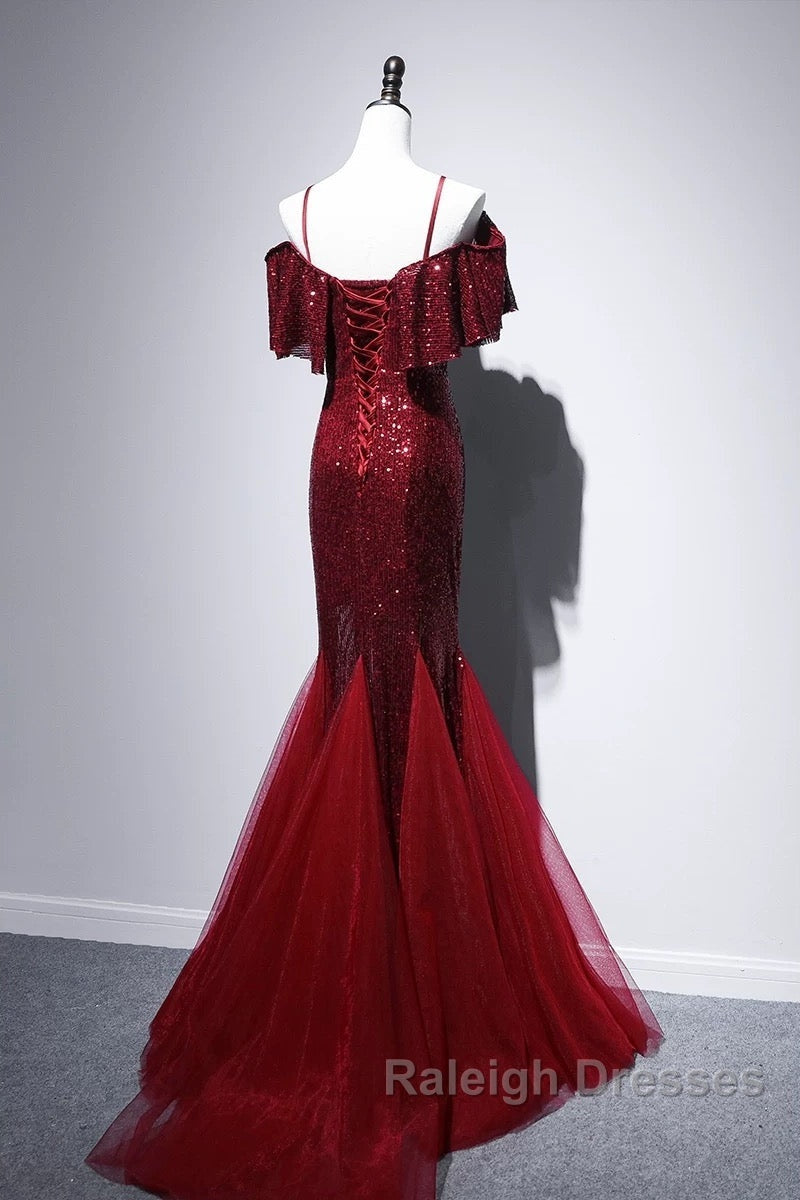 Pretty Mermaid Off The Shoulder Burgundy Sequin Long Prom Dresses