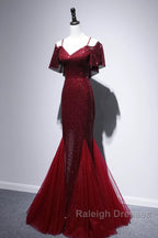 Pretty Mermaid Off The Shoulder Burgundy Sequin Long Prom Dresses