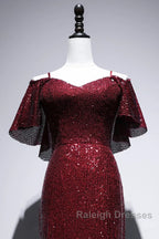Pretty Mermaid Off The Shoulder Burgundy Sequin Long Prom Dresses