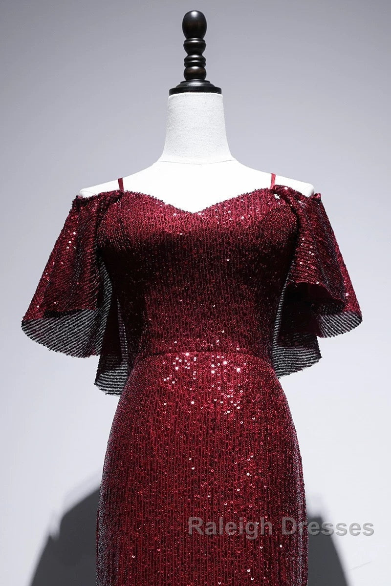 Pretty Mermaid Off The Shoulder Burgundy Sequin Long Prom Dresses