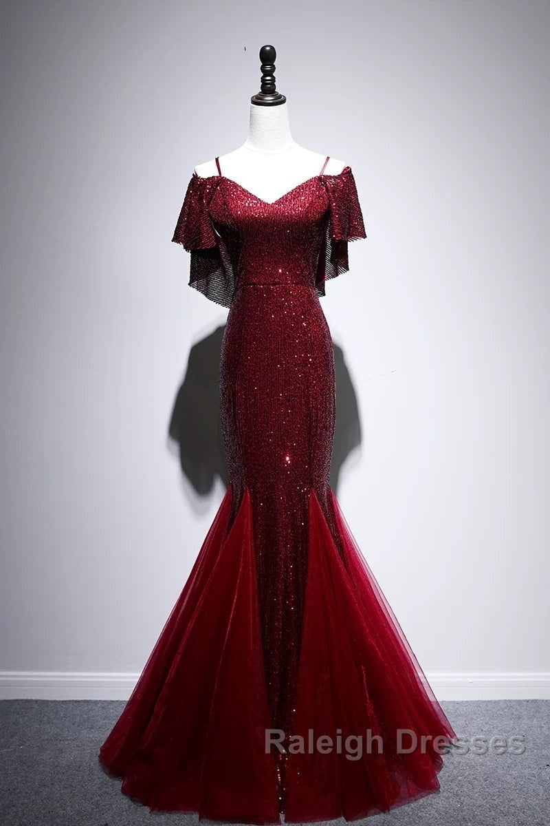 Pretty Mermaid Off The Shoulder Burgundy Sequin Long Prom Dresses