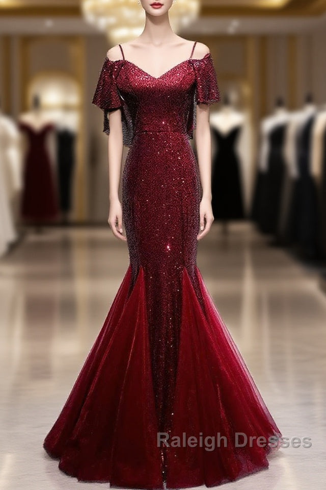 Pretty Mermaid Off The Shoulder Burgundy Sequin Long Evening Dress Prom Dresses Main image