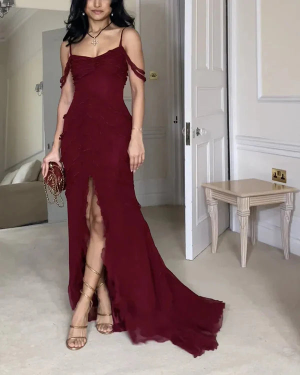 Pretty Mermaid Off The Shoulder Burgundy Slit Prom Dress Long Prom Dresses Secondary image