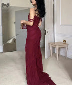 Pretty Mermaid Off The Shoulder Burgundy Slit Prom Dress Long Prom Dresses