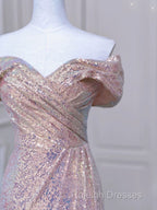 Pretty Mermaid Off The Shoulder Pink Sequin Long Prom Dresses