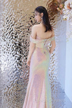 Pretty Mermaid Off The Shoulder Pink Sequin Long Evening Dress Prom Dresses