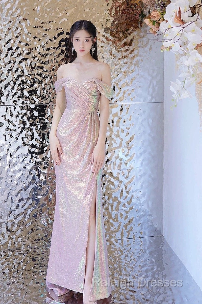 Pretty Mermaid Off The Shoulder Pink Sequin Long Prom Dresses