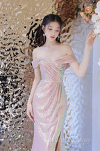 Pretty Mermaid Off The Shoulder Pink Sequin Long Prom Dresses