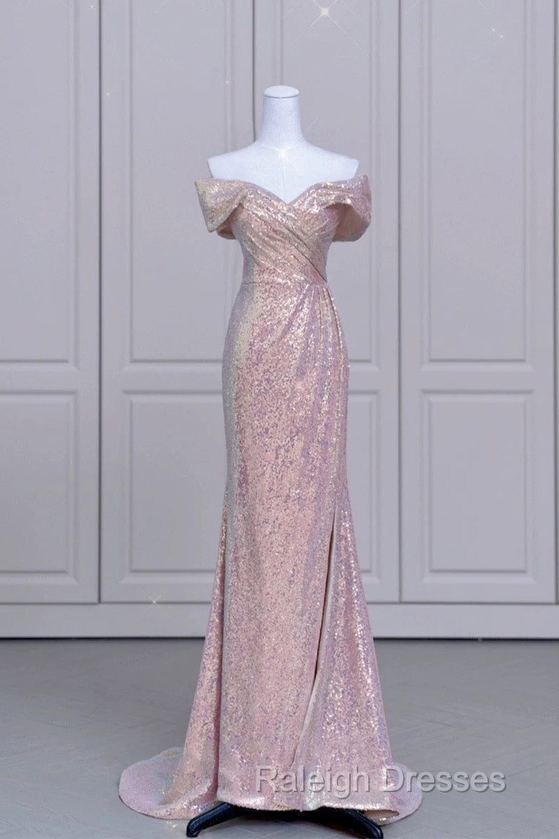 Pretty Mermaid Off The Shoulder Pink Sequin Long Prom Dresses