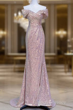 Pretty Mermaid Off The Shoulder Pink Sequin Long Prom Dresses