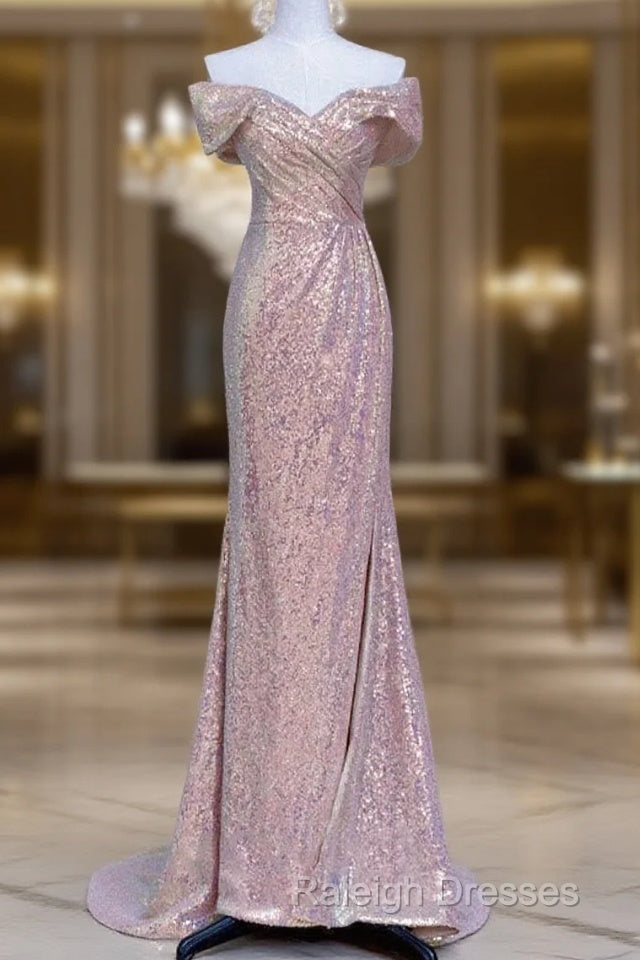 Pretty Mermaid Off The Shoulder Pink Sequin Long Prom Dresses