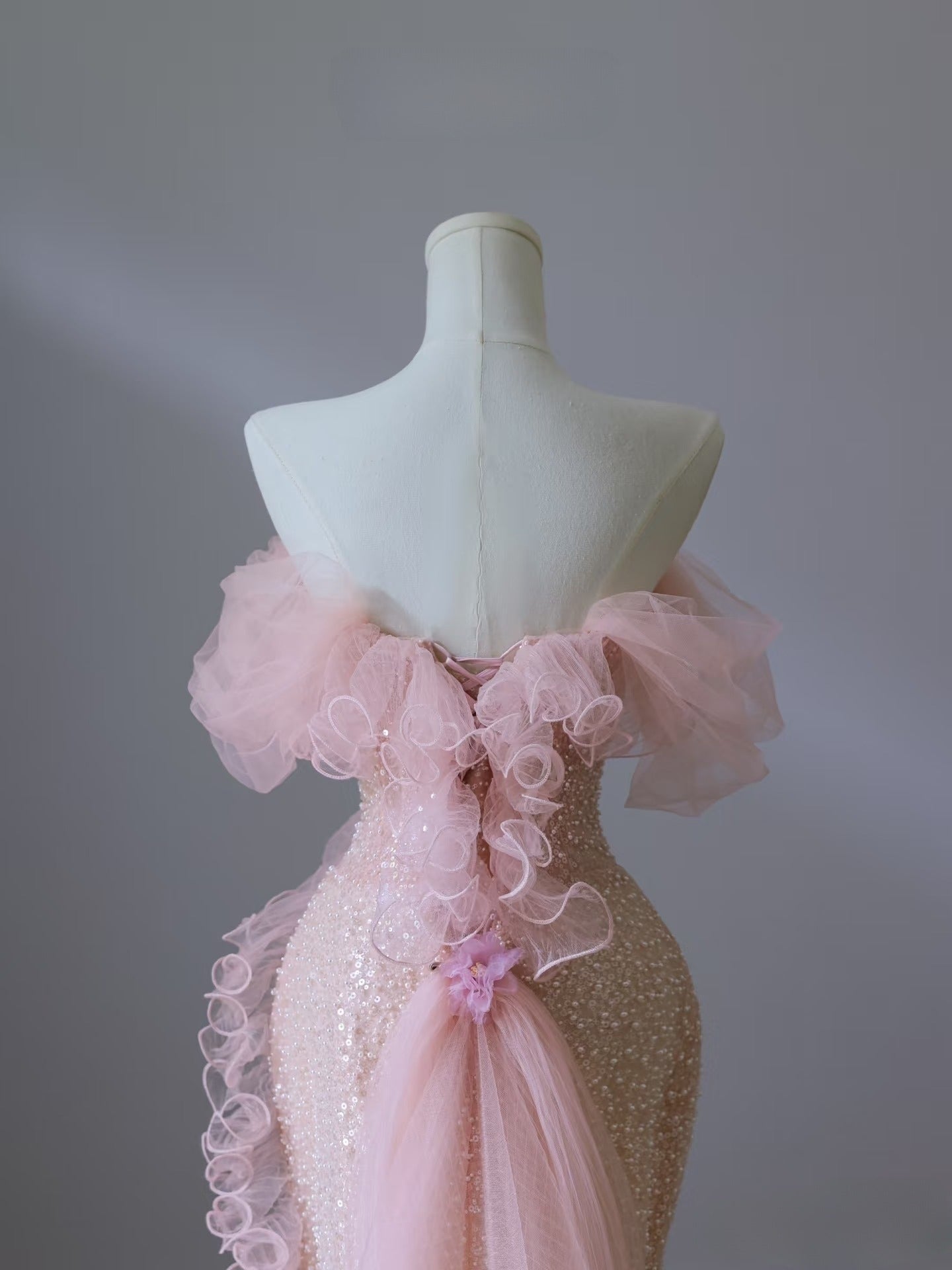 Pretty Mermaid Off The Shoulder Pink Sequin Prom Dress Long Prom Gown
