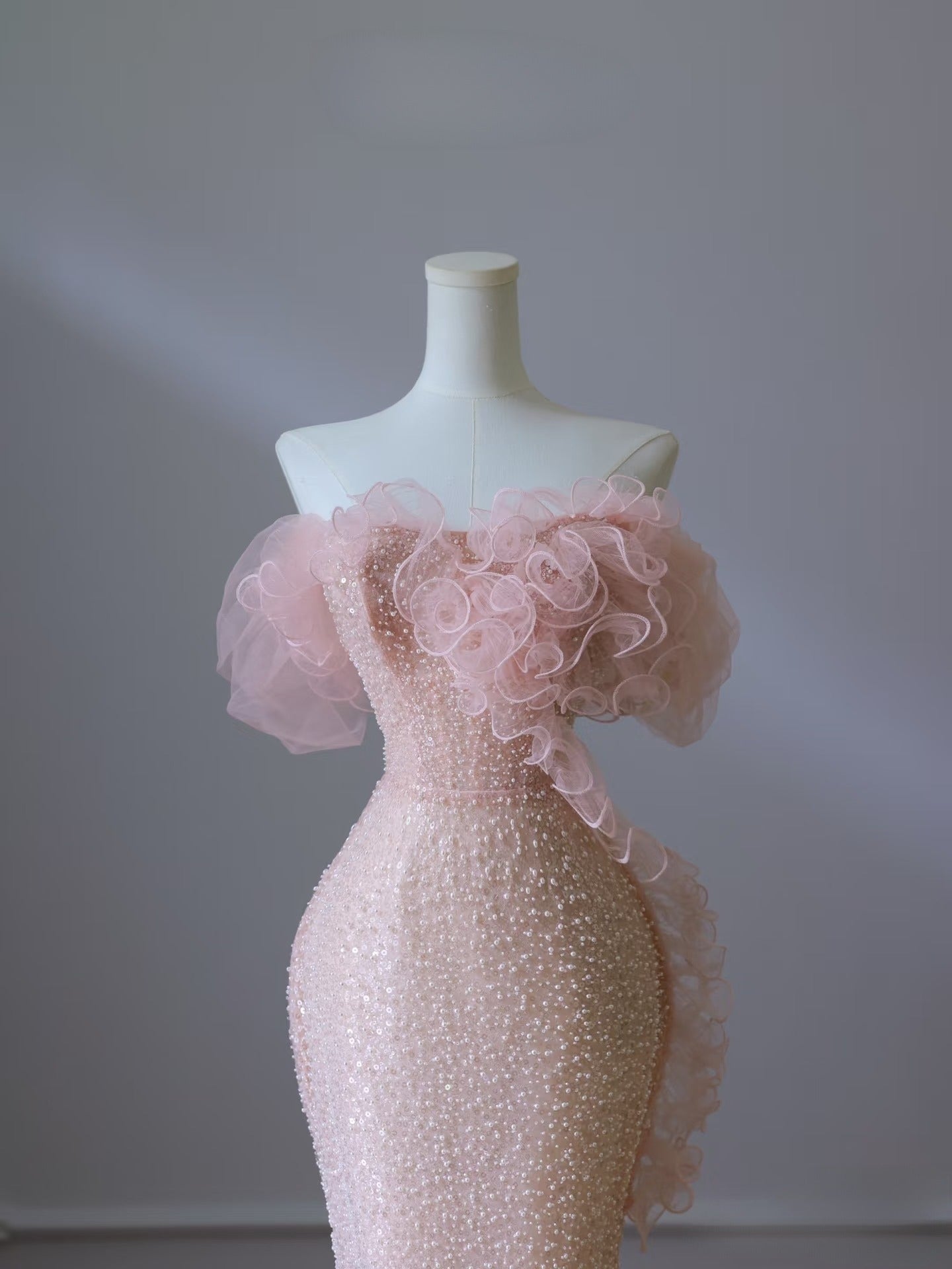 Pretty Mermaid Off The Shoulder Pink Sequin Prom Dress Long Prom Gown